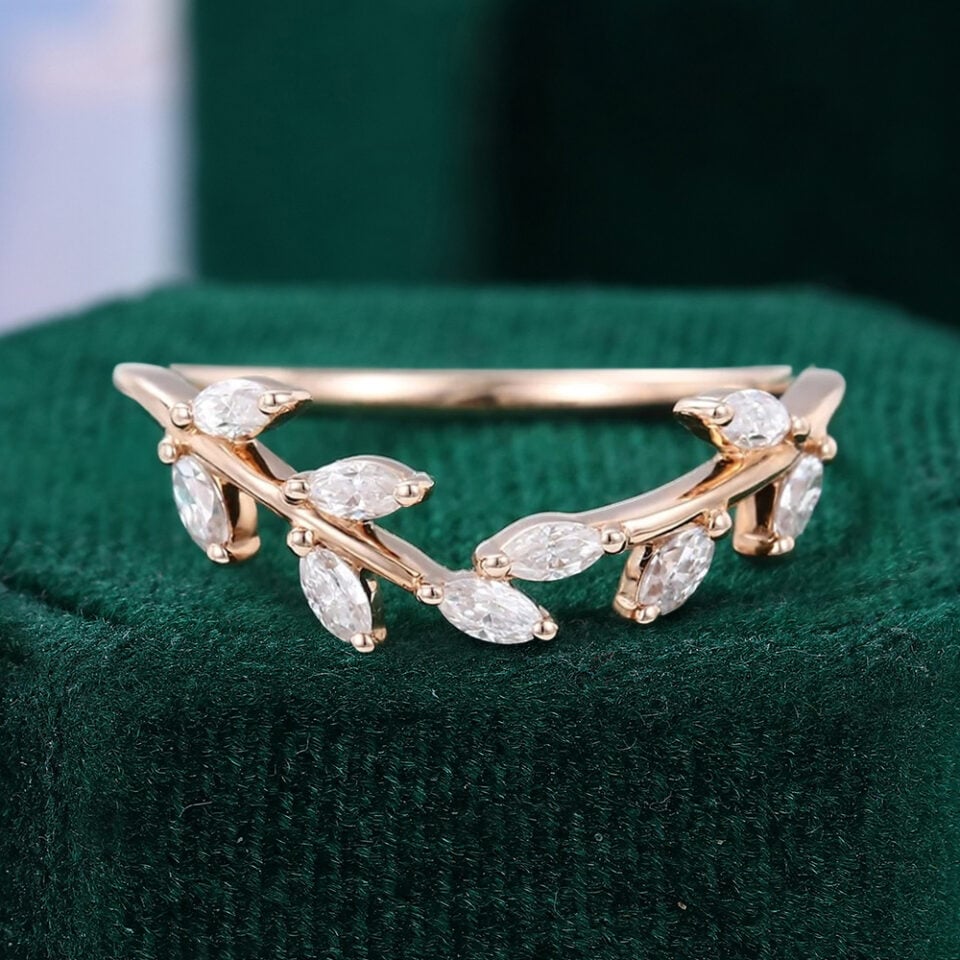 Marquise Cut Moissanite Curved Wedding Band Nature Inspired Leaf Ring
