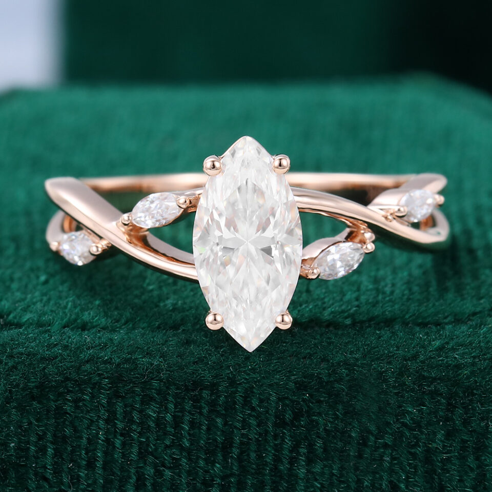 MollyJewelryUS Marquise Cut Moissanite Rose Gold Engagement Ring