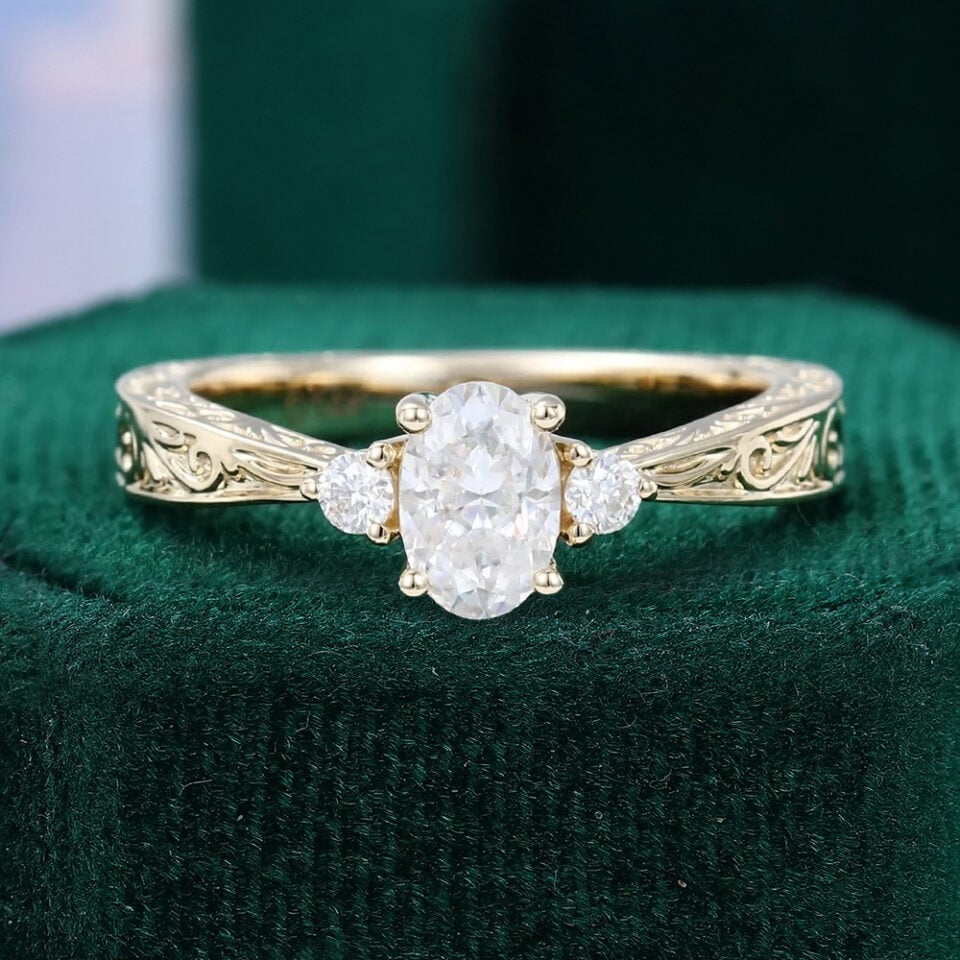 1/2 Carat Oval Cut Moissanite Flourish Promise Ring Three Stone Dainty Engagement Ring