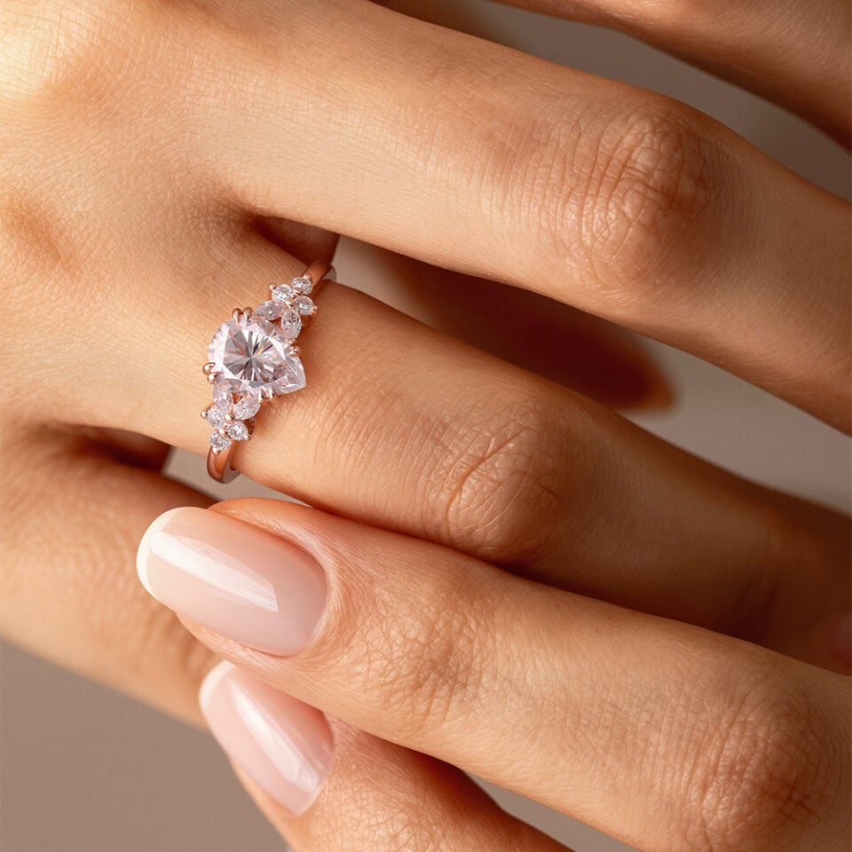 Pear Cut Moissanite Blossom Engagement Ring Double Claw Setting (3)