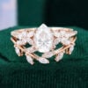 Pear cut moissanite engagement ring set nature inspired bridal set