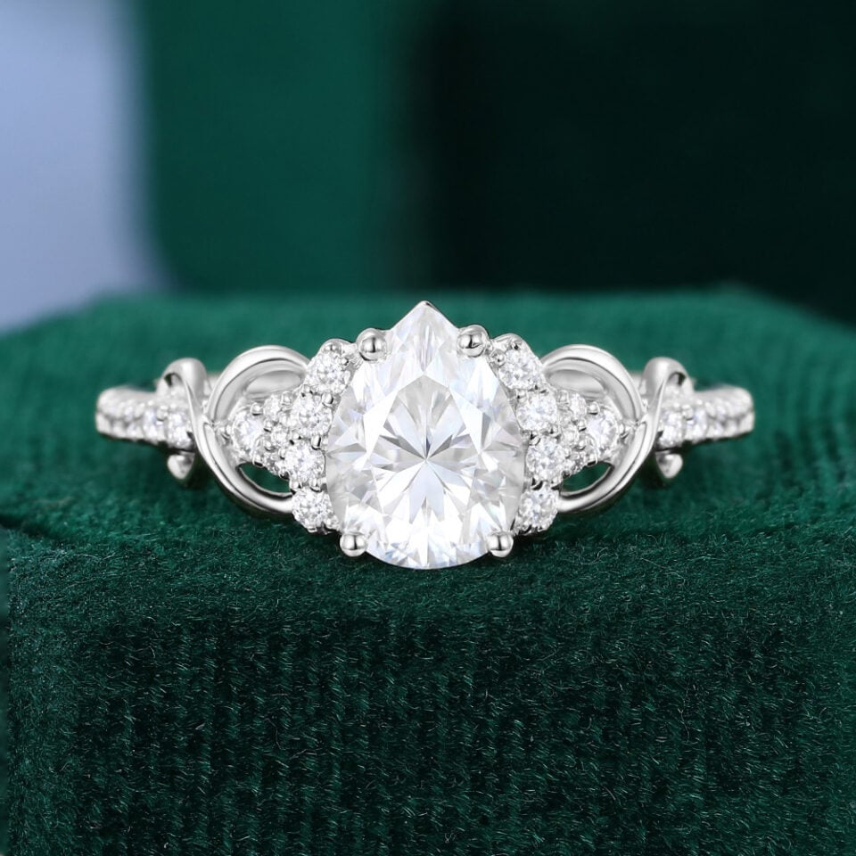 Pear Cut Moissanite Infinity Pavé Engagement Ring in White Gold