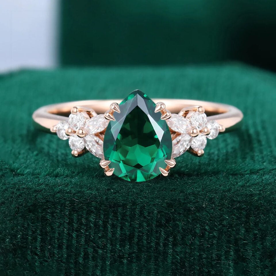Pear Shaped Emerald & Diamond Engagement Ring with Blossom Cluster Accents