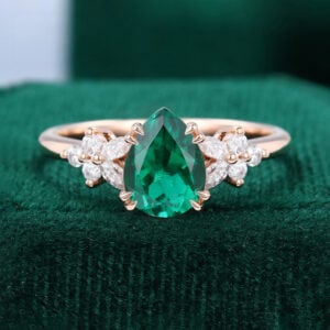 Pear Shaped Emerald & Diamond Engagement Ring with Blossom Cluster Accents