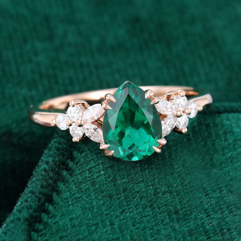 Pear Shaped Emerald & Diamond Engagement Ring with Blossom Cluster Accents (2)