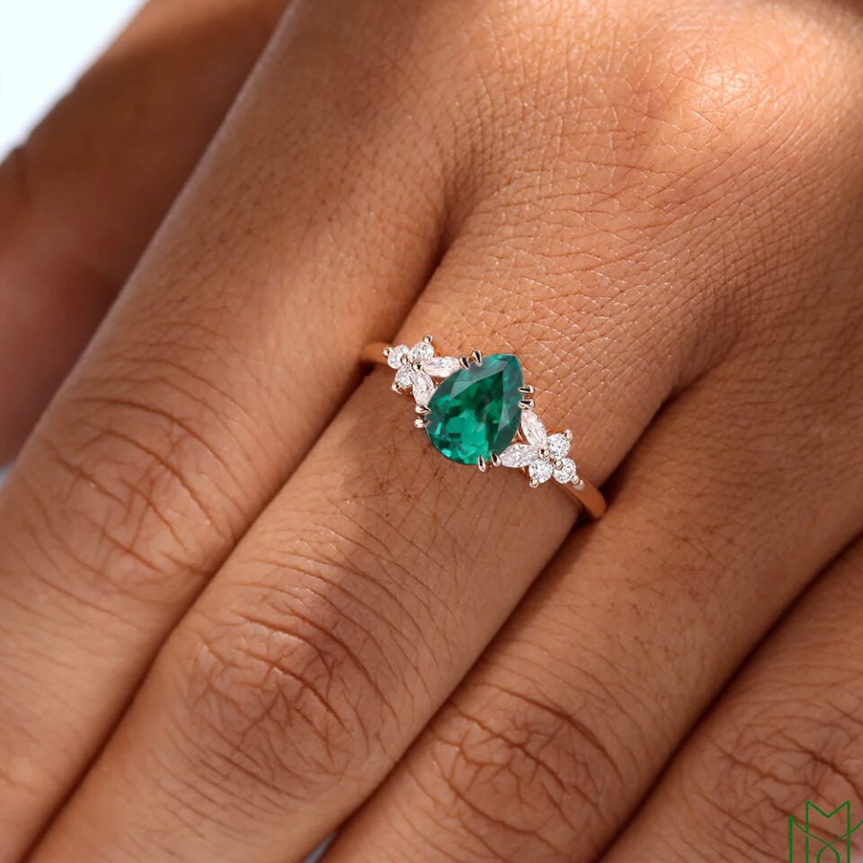 Pear Shaped Emerald & Diamond Engagement Ring with Blossom Cluster Accents