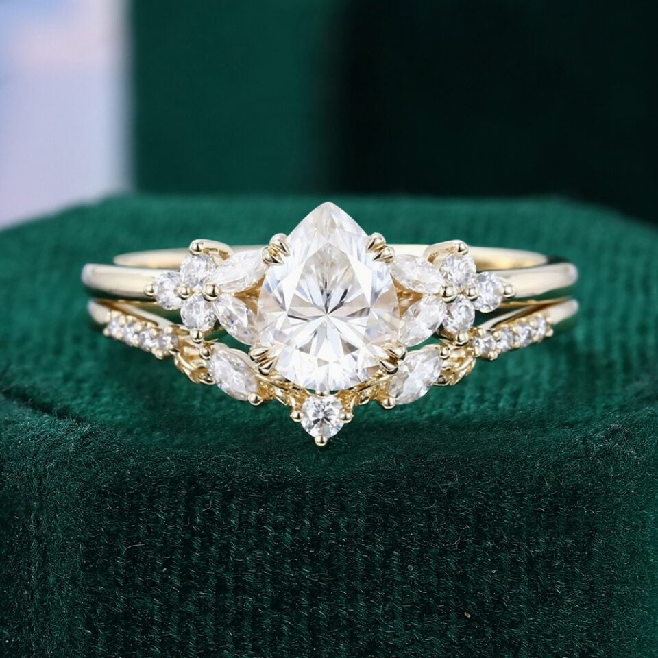 Pear Shaped Moissanite Bridal Set with Carved Leaf Band
