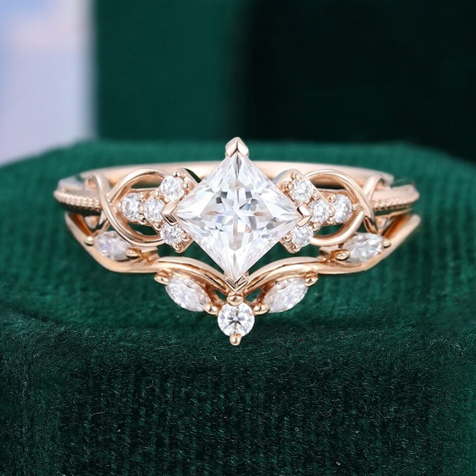 Princess Cut Moissanite Wedding Ring Set Infinity Design Bridal Ring Set
