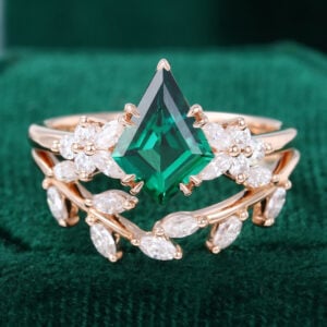 Rose Gold Kite Cut Leaf Emerald Engagement Ring Set (1)