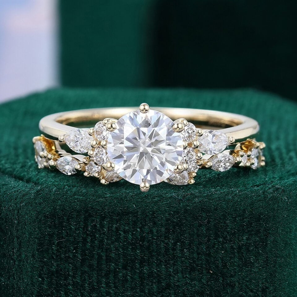 Round Cut Moissanite Engagement Ring Set Unique Bridal Set