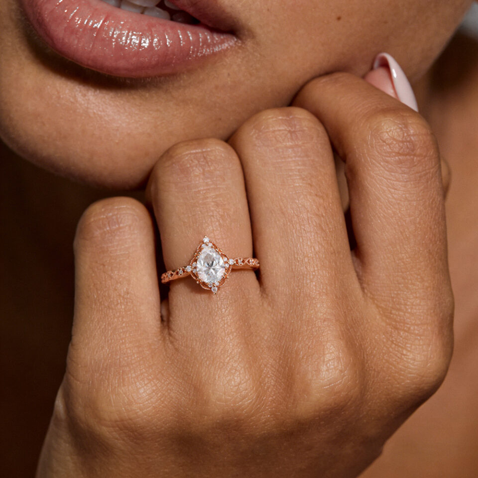 Filigree Floral Halo Vintage Inspired Pear Cut Moissanite Engagement Ring with Milgrain Accent