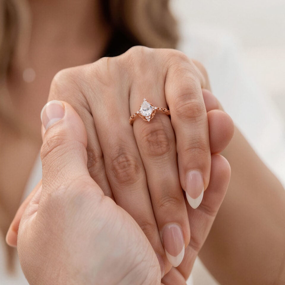 Filigree Floral Halo Vintage Inspired Pear Cut Moissanite Engagement Ring with Milgrain Accent (3)