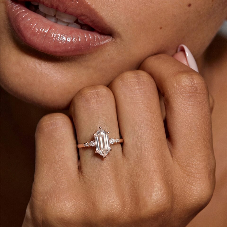 Long Hexagon Cut Moissanite and Diamond Engagement Ring Rose Gold (1)