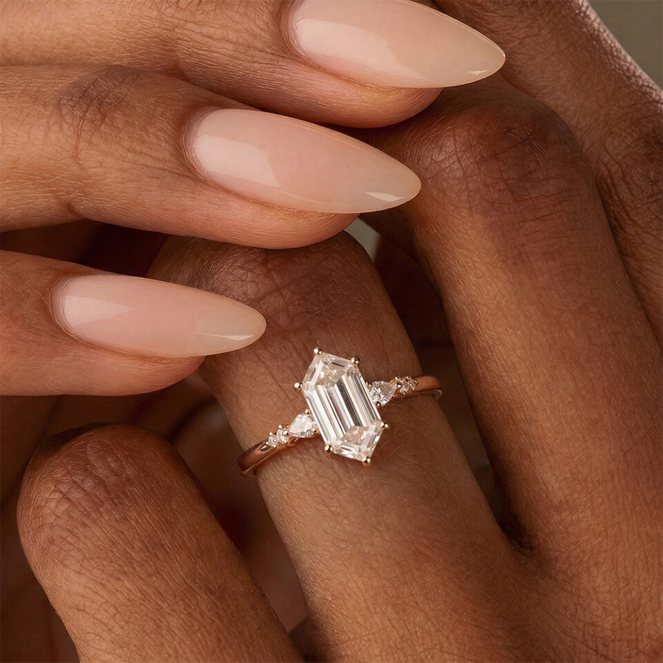 Long Hexagon Cut Moissanite and Diamond Engagement Ring Rose Gold (2)
