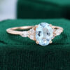 14K Rose Gold Oval Aquamarine Engagement Ring Vintage Art Deco Women
