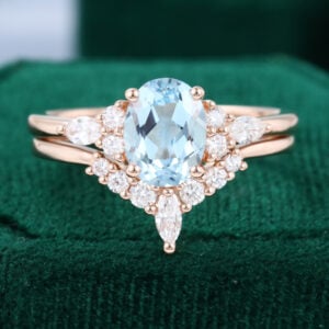 MollyJewelryUS Oval Cut Aquamarine Rose Gold Diamond Engagement Ring Set