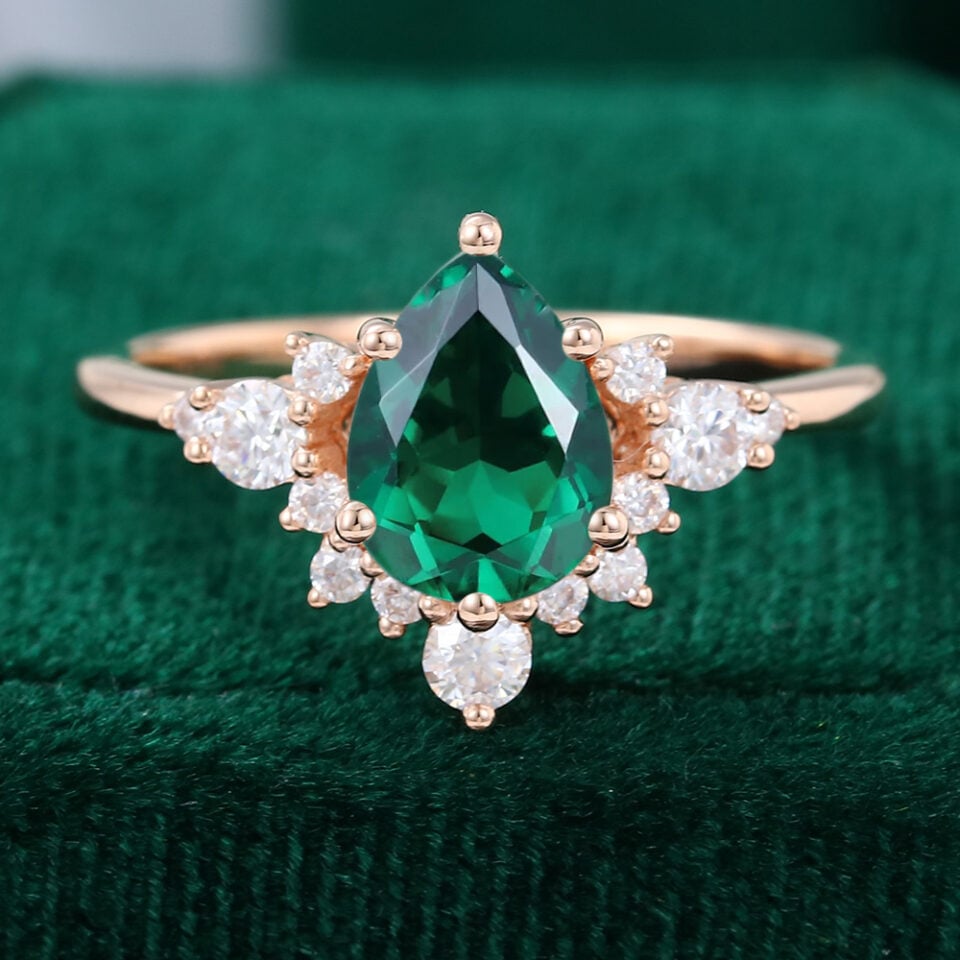 1.2 Carat Pear Shaped Lab Emerald Rose Gold Cluster Engagement Ring