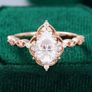 MollyJewelryUS Pear Shaped Moissanite Rose Gold Half Eternity Halo Engagement Ring