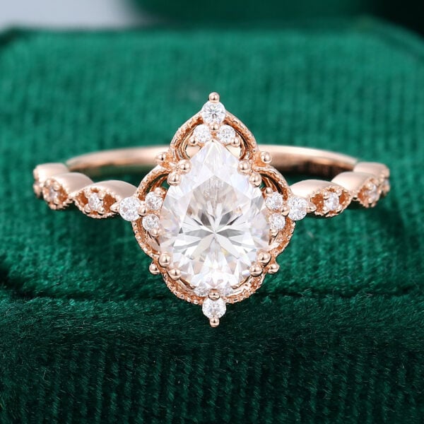 MollyJewelryUS Pear Shaped Moissanite Rose Gold Half Eternity Halo Engagement Ring