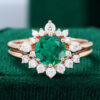 Unique Lab Emerald 14K Rose Gold Diamond Cluster Engagement Ring Set