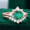 Unique Lab Emerald 14K Rose Gold Diamond Cluster Engagement Ring Set
