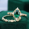 Pear Shaped Emerald Bridal Ring Set Floral Halo Wedding Ring Set