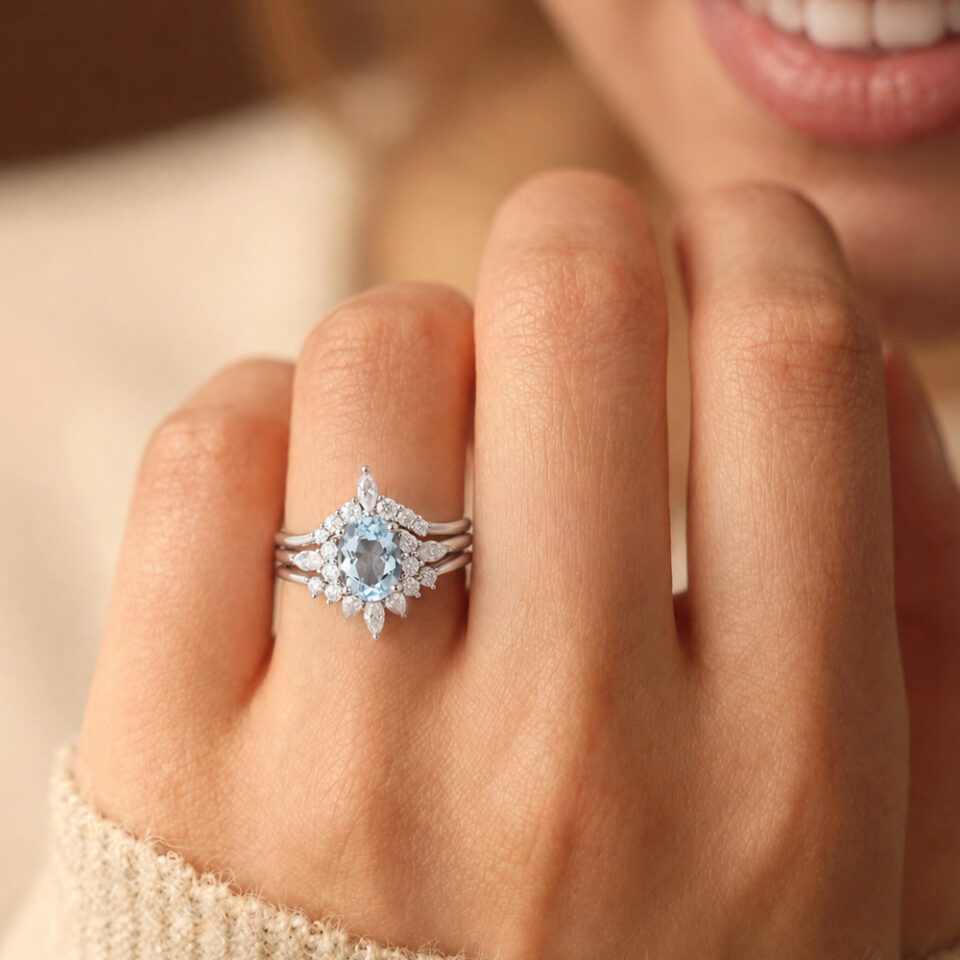 Oval Cut Aquamarine & Moissanite Engagement Ring Set 3PCS Bridal Wedding Set