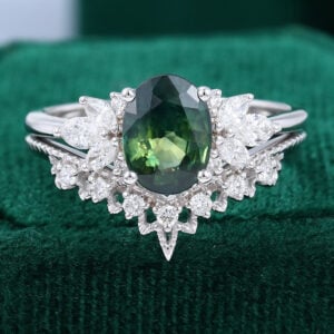 Oval Cut Green Sapphire Engagement Ring Set 2PCS Bridal Ring