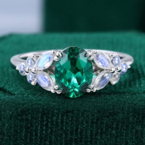Oval Cut Lab Emerald with Moonstone Vintage Engagement Ring in White Gold