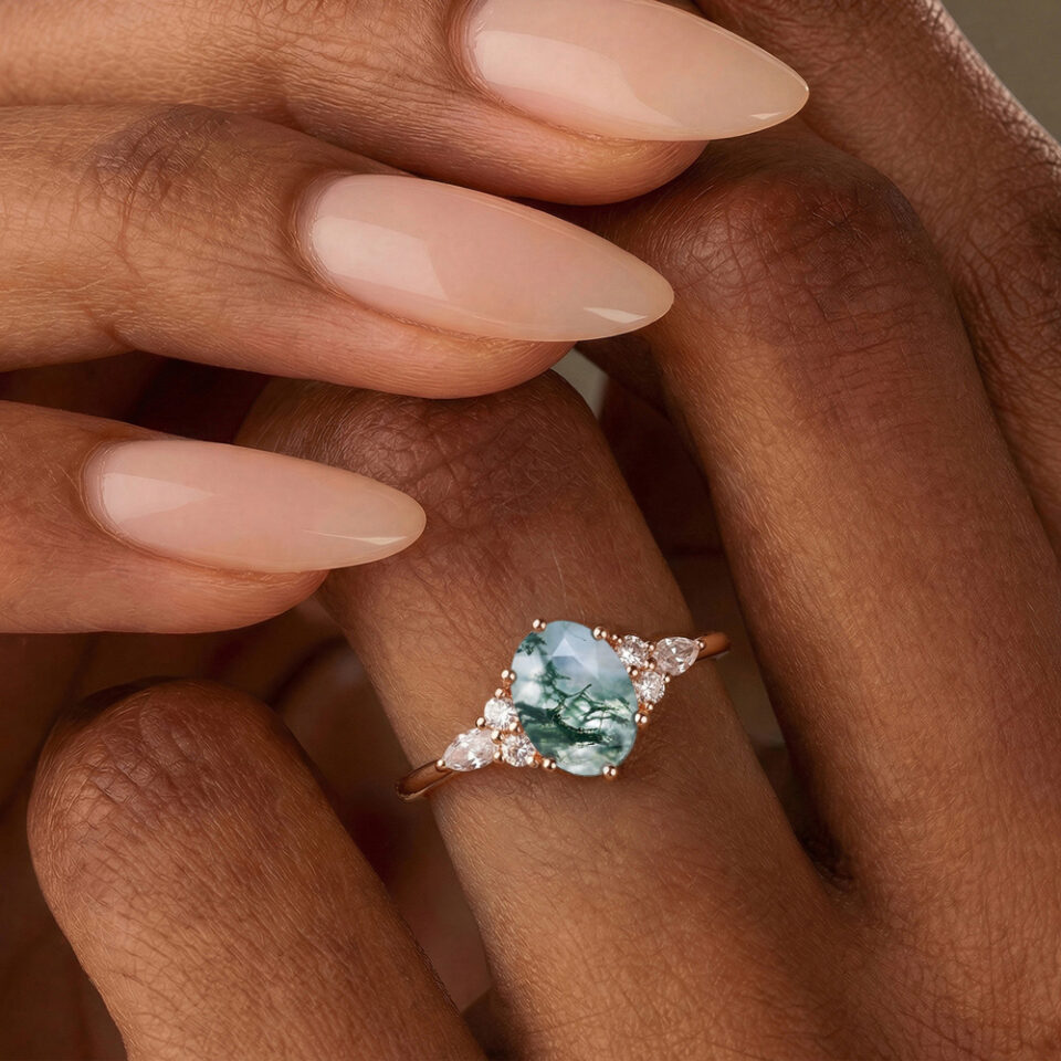 Oval Cut Moss Agate Classic Side Stone Engagement Ring For Women (7)