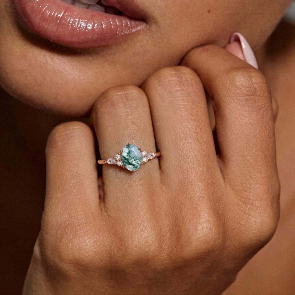 Oval Cut Moss Agate Classic Side Stone Engagement Ring For Women