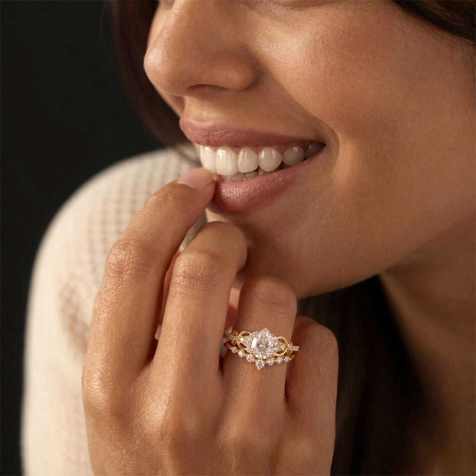 Pear Shaped Moissanite Bridal Ring Set Infinity Wedding Set (1)