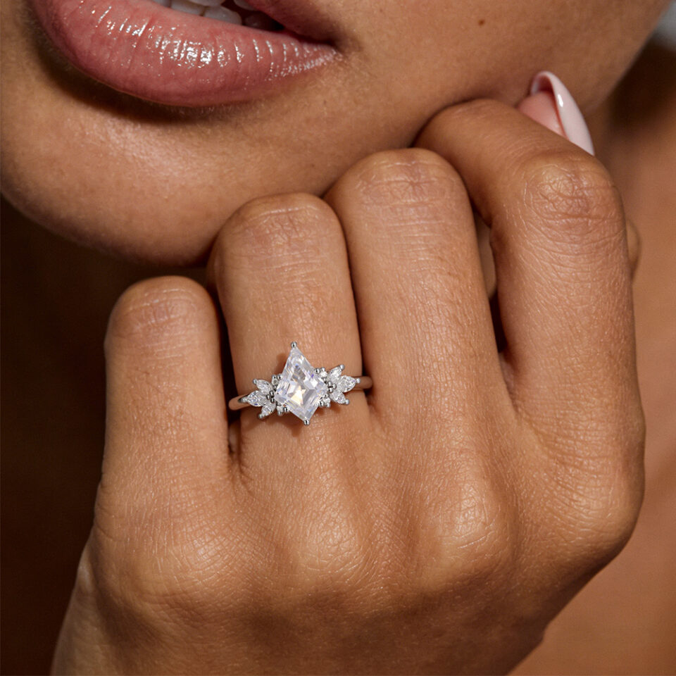 Unique Kite Shaped Cluster Moissanite Engagement Ring in White Gold (2)