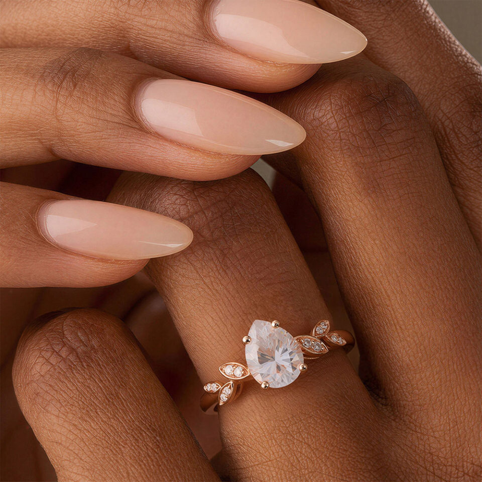 Unique Pear Shaped Rose Gold Moissanite and Diamond Engagement Ring (3)