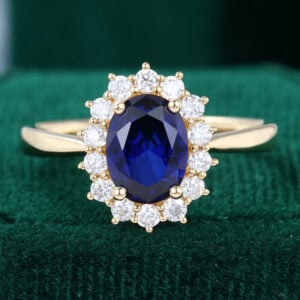 Yellow Gold Oval Cut Sapphire Halo Vintage Engagement Ring