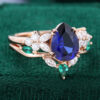 Pear Cut Lab Sapphire with Moissanite Floral Side Stone Bridal Wedding Set in Solid Rose Gold