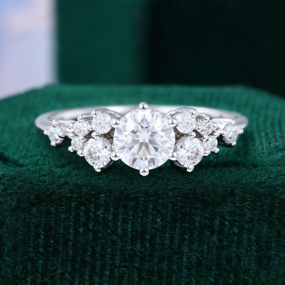 Snowdrift | Round Cut Moissanite Cluster Engagement Ring - Symmetrical & Bold Accents