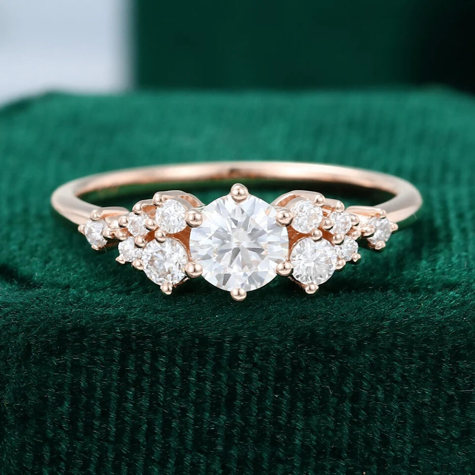 Snowdrift - Round Cut Moissanite Cluster Engagement Ring - rose gold