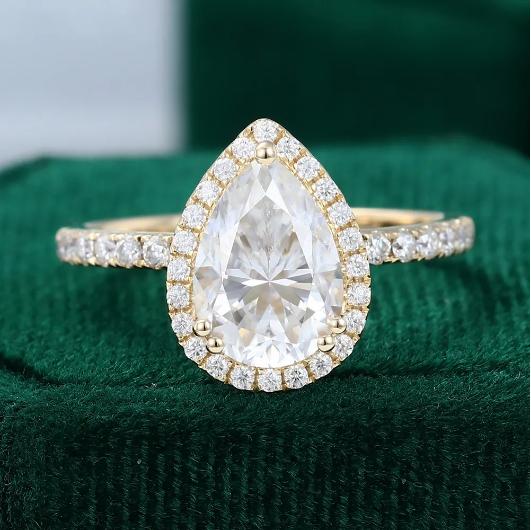 pear cut moissanite pave halo engagement ring