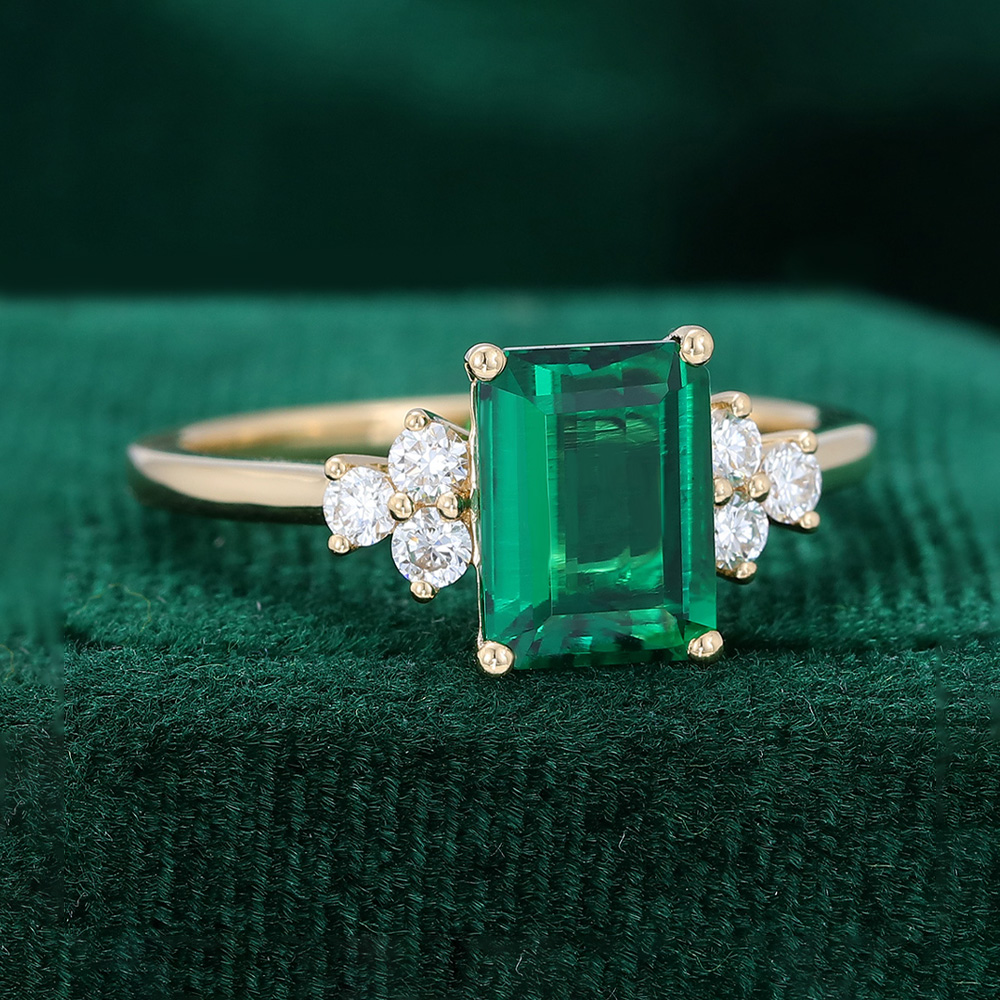 Art Deco Lab Emerald Engagement Ring Diamond Trinity AccentsBridal Ring