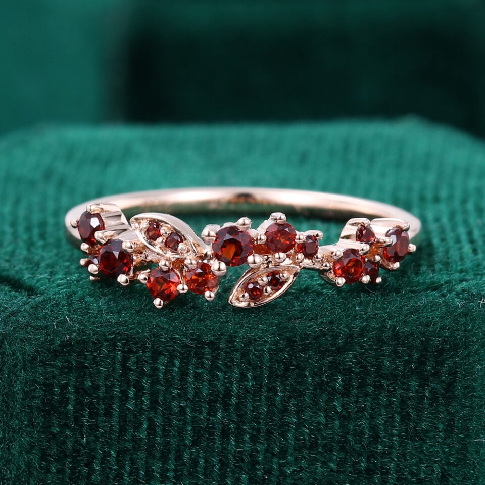 Nature inspired round cut garnet anniversary ring cluster leaf wedding band