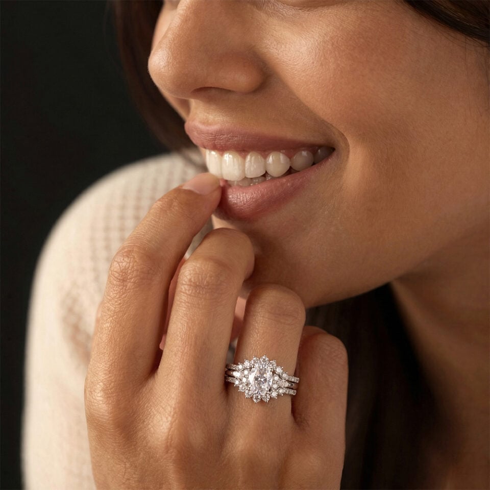Oval Cut Moissanite Cluster Bridal Ring Set in White Gold (4)