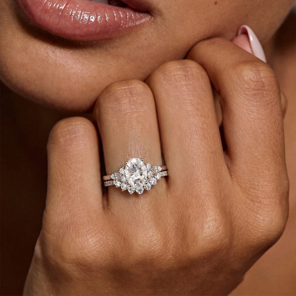 Oval Cut Moissanite Half Cluster Bridal Ring Set in White Gold (1)