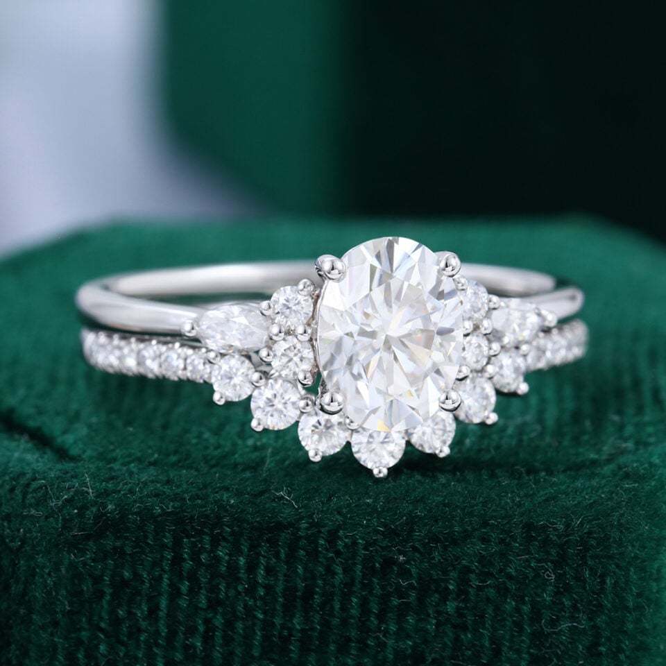 Oval Cut Moissanite Half Cluster Bridal Ring Set in White Gold (13)