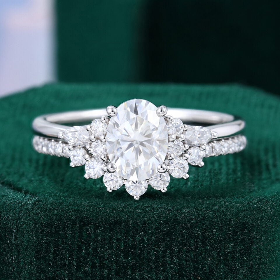 Oval Cut Moissanite Half Cluster Bridal Ring Set in White Gold