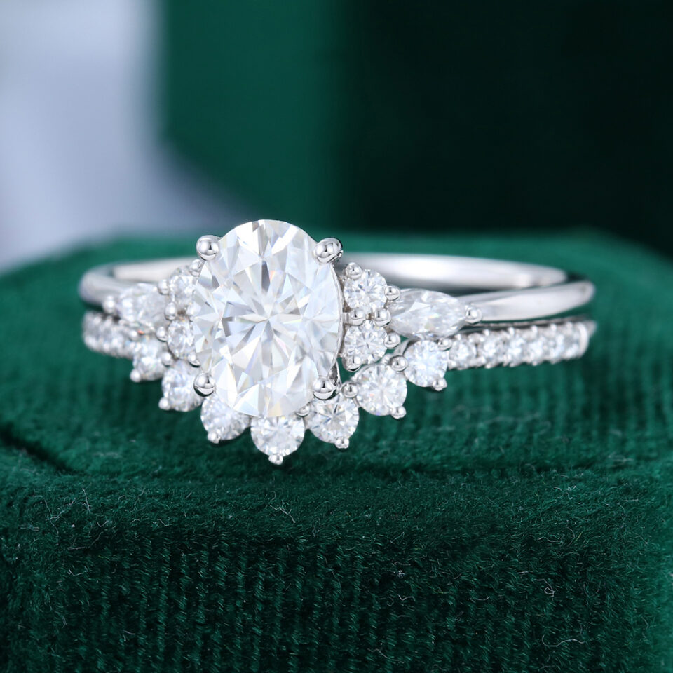 Oval Cut Moissanite Half Cluster Bridal Ring Set in White Gold (15)