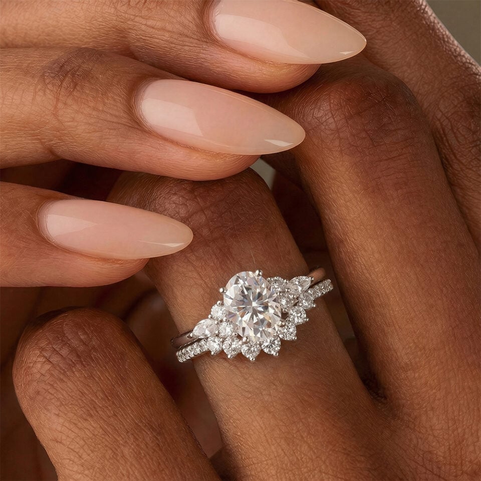 Oval Cut Moissanite Half Cluster Bridal Ring Set in White Gold (2)