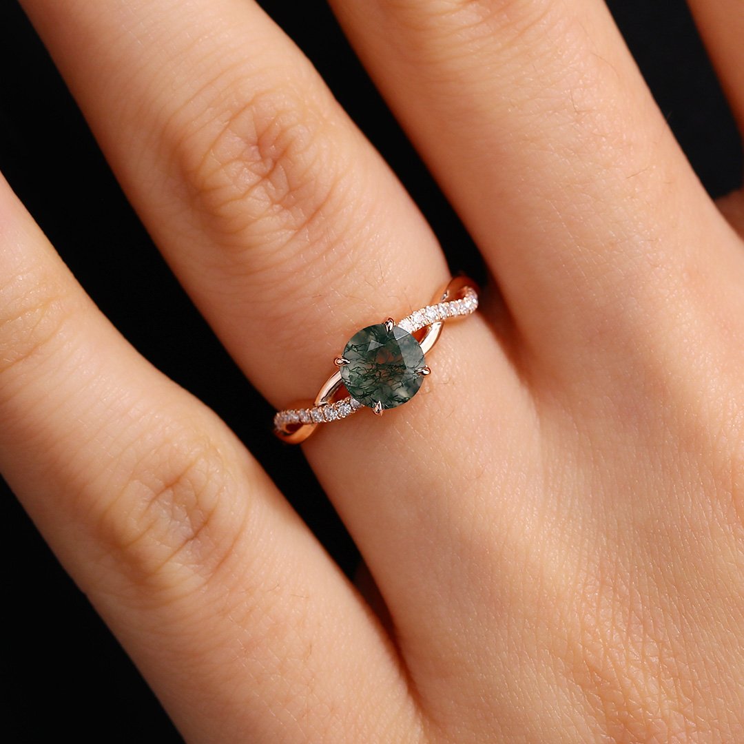 Round Cut Moss Agate Promise Ring Crossover Shank Engagement Ring