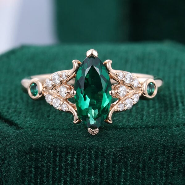 Marquise Cut Emerald Vintage Inspired Tulips Engagement Ring