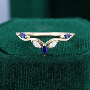 Alternating Blue Sapphire and Diamond Curved Wedding Band Stackable Ring